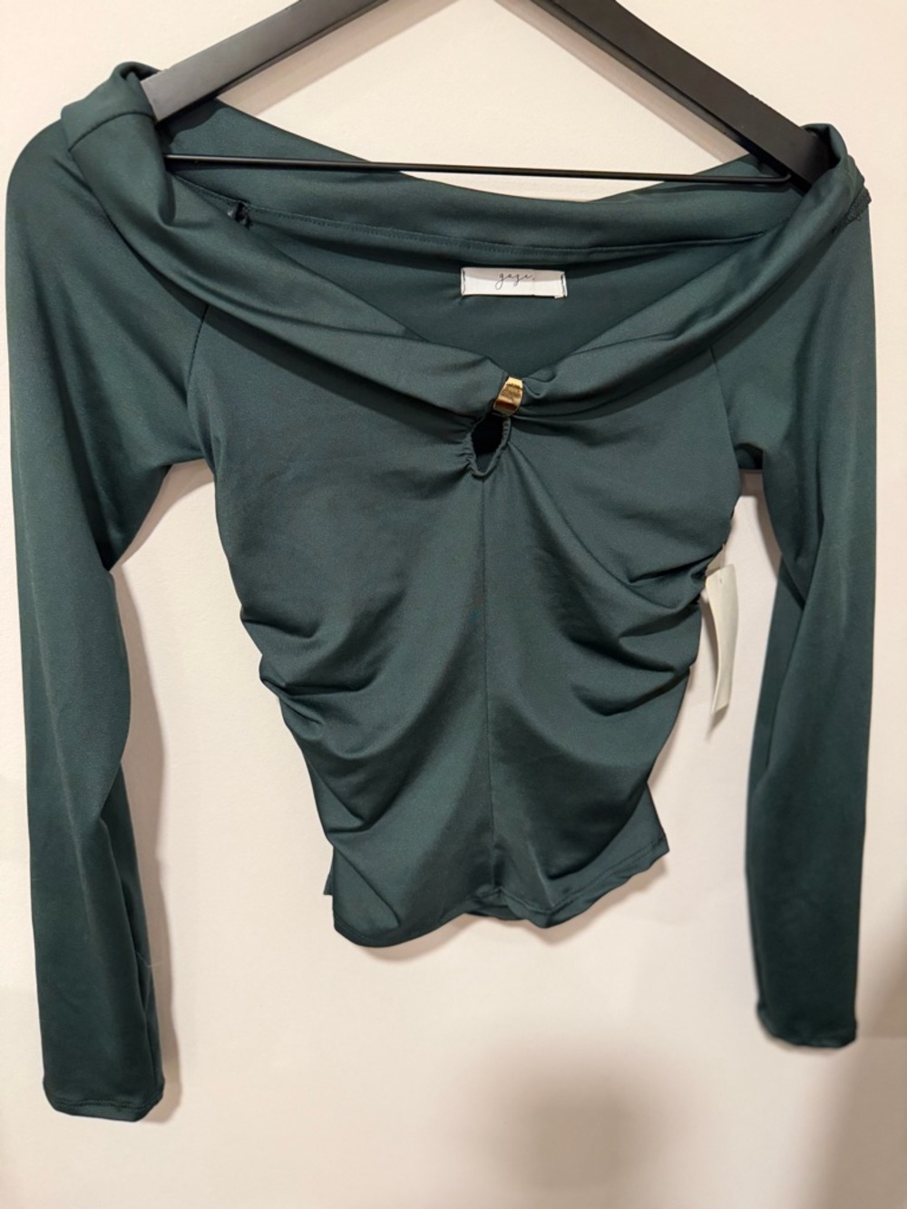 gaze Deep Teal Off-Shoulder Ruched Long Sleeve Top with Gold Accent